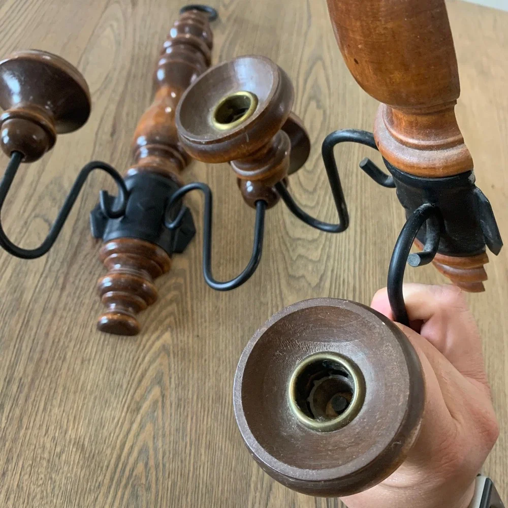 Vintage Wood Spindle Wall Sconce Set 2 Black Metal Arms Colonial Farmhouse